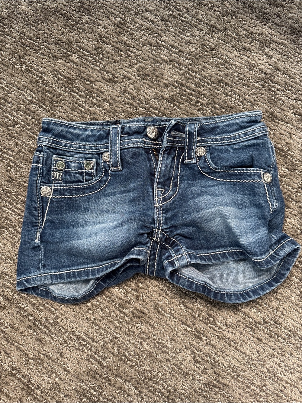 Miss Me Dark Blue Denim Shorts with White Stitching